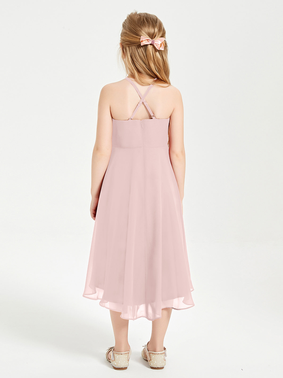 Tea Length Junior Bridesmaid Dresses with Asymmetrical Skirts Dusty Rose